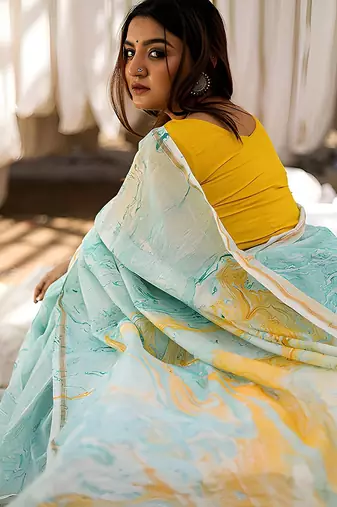 sky_blue printed pure cotton sky blue saree with blouse