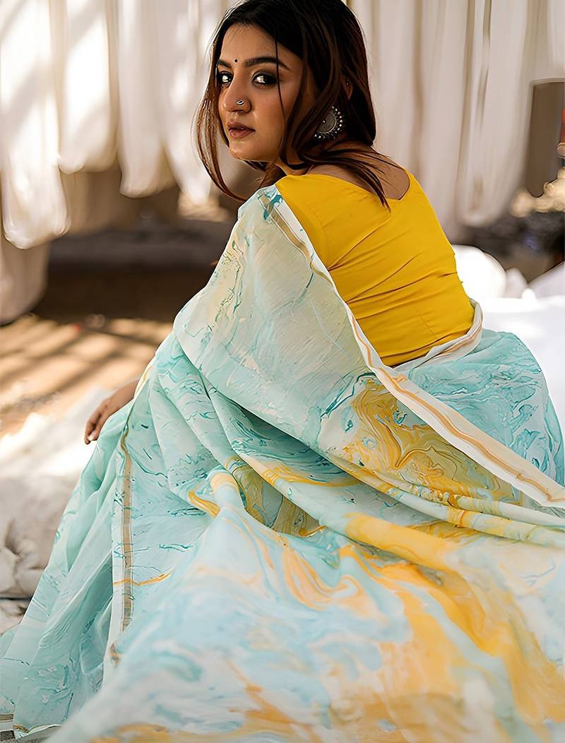 sky_blue printed pure cotton sky blue saree with blouse