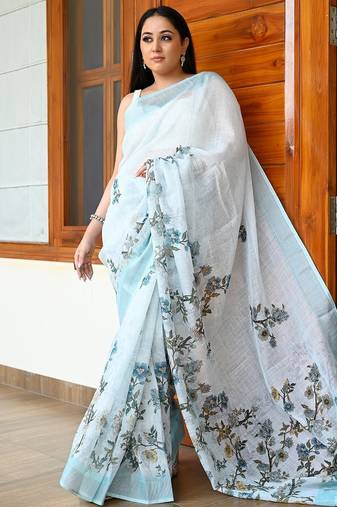 sky_blue printed pure cotton sky blue saree with blouse