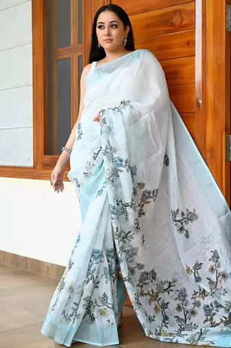 sky_blue printed pure cotton sky blue saree with blouse