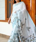 sky_blue printed pure cotton sky blue saree with blouse