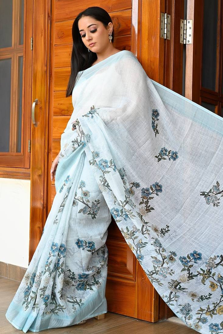 sky_blue printed pure cotton sky blue saree with blouse