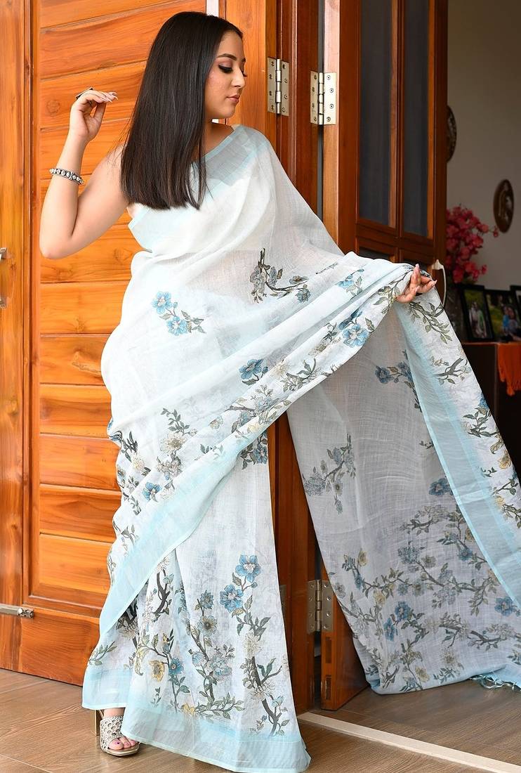 sky_blue printed pure cotton sky blue saree with blouse