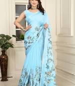 sky_blue printed pure cotton sky blue saree with blouse