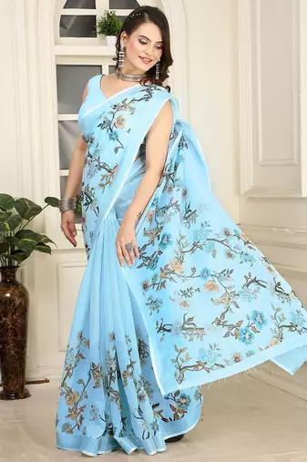 sky_blue printed pure cotton sky blue saree with blouse
