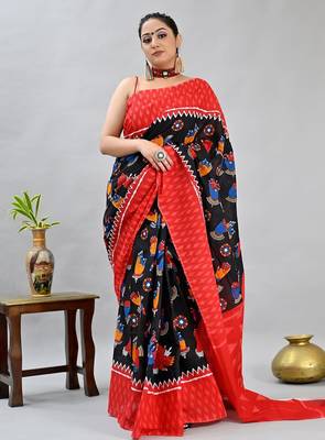 black printed pure cotton black saree with blouse 1