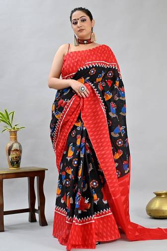 black printed pure cotton black saree with blouse