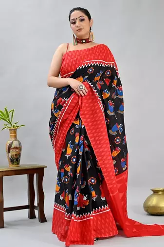black printed pure cotton black saree with blouse