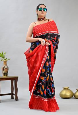 black printed pure cotton black saree with blouse 2