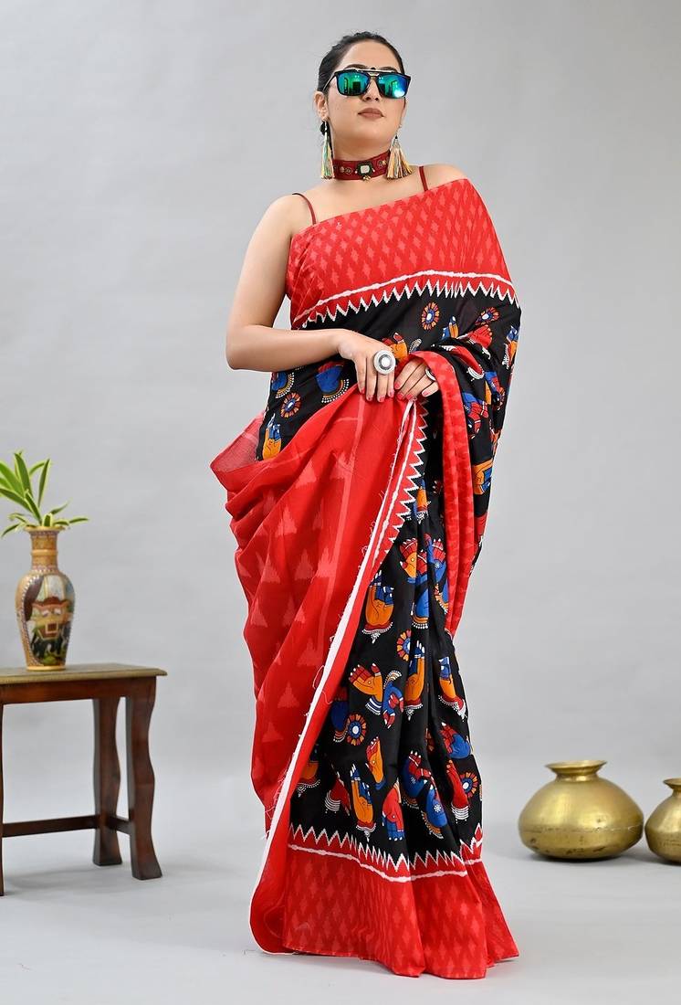 black printed pure cotton black saree with blouse