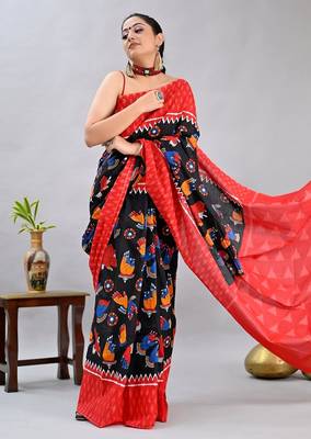 black printed pure cotton black saree with blouse 3