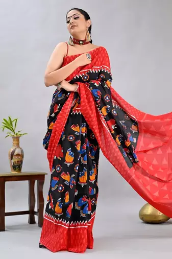 black printed pure cotton black saree with blouse