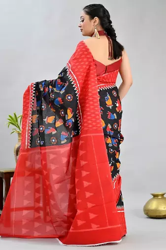 black printed pure cotton black saree with blouse