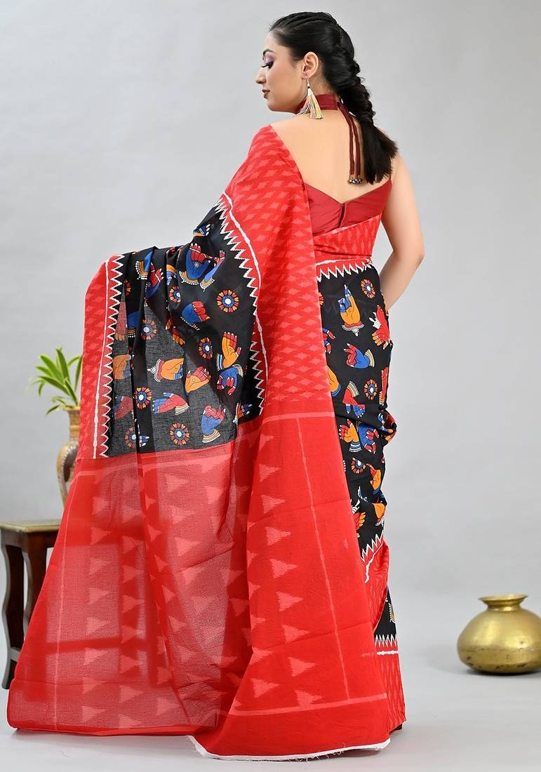 black printed pure cotton black saree with blouse