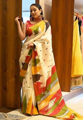 multicolor printed pure cotton beige saree with blouse 1