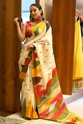 multicolor printed pure cotton beige saree with blouse