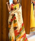 multicolor printed pure cotton beige saree with blouse