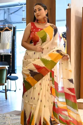 multicolor printed pure cotton beige saree with blouse