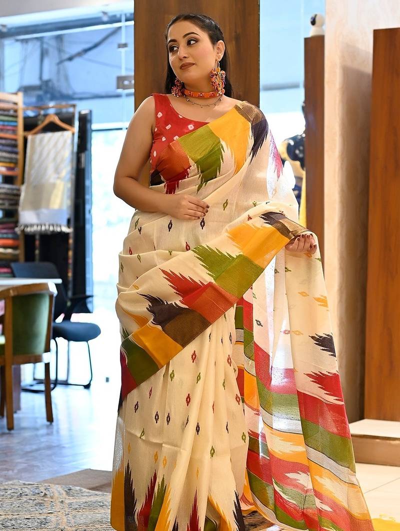 multicolor printed pure cotton beige saree with blouse