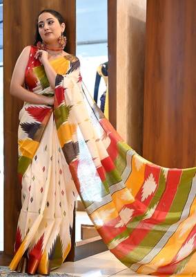 multicolor printed pure cotton beige saree with blouse 3