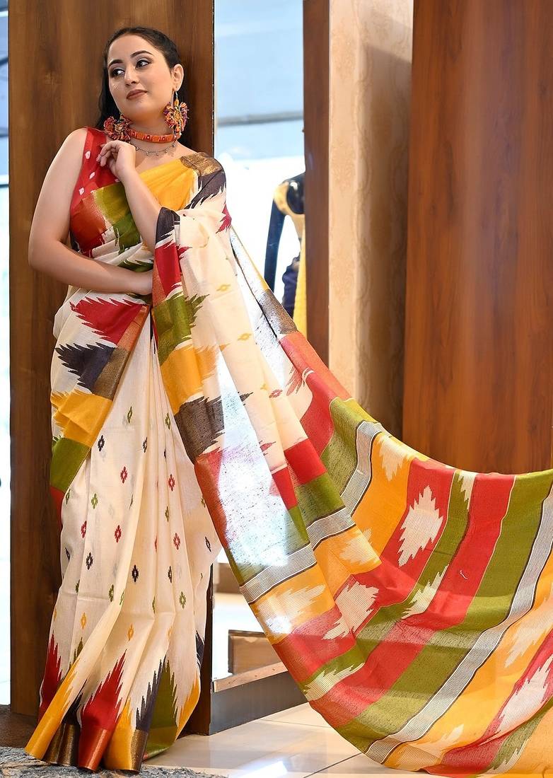 multicolor printed pure cotton beige saree with blouse