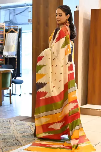 multicolor printed pure cotton beige saree with blouse
