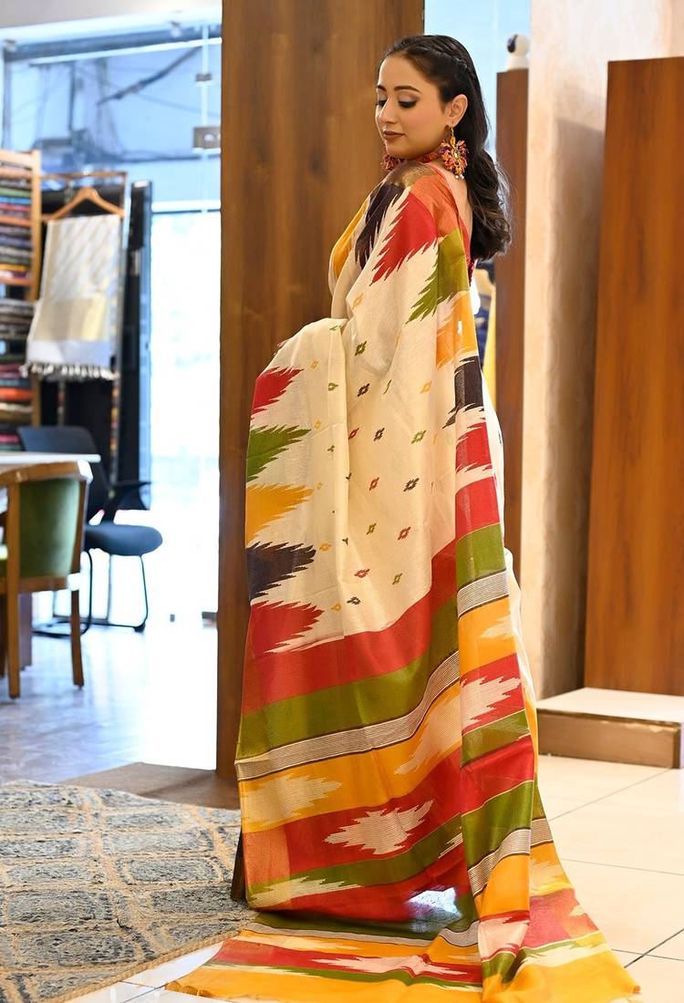 multicolor printed pure cotton beige saree with blouse
