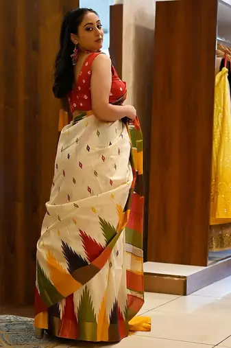 multicolor printed pure cotton beige saree with blouse