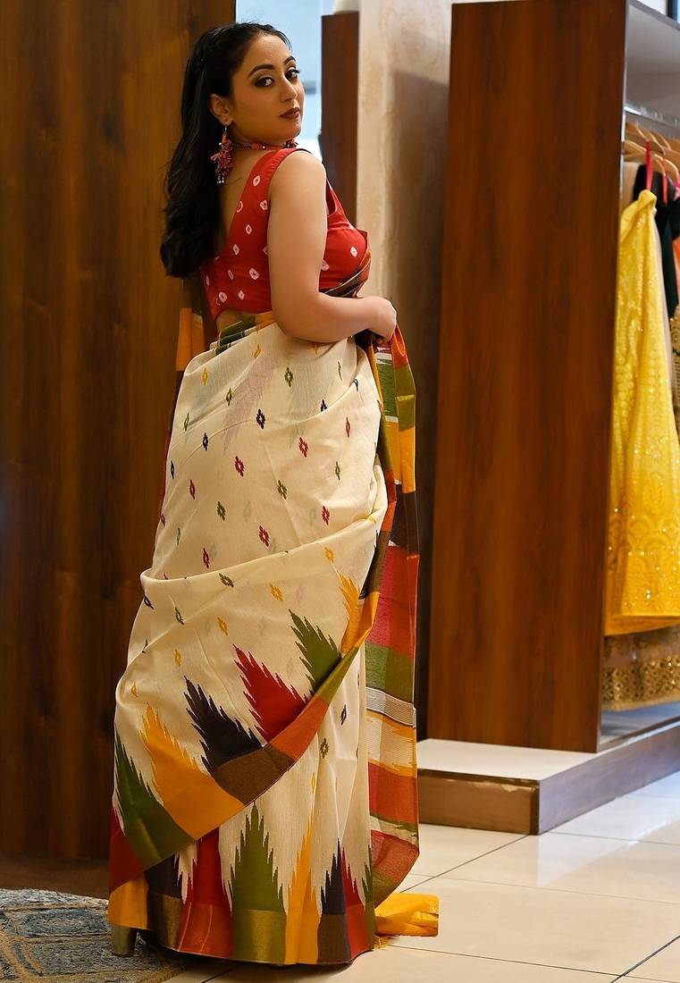 multicolor printed pure cotton beige saree with blouse