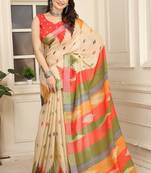 beige printed pure cotton beige saree with blouse