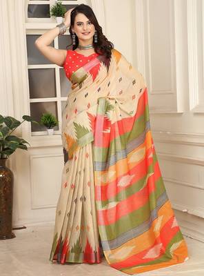 beige printed pure cotton beige saree with blouse 2