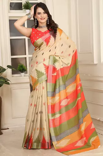 beige printed pure cotton beige saree with blouse