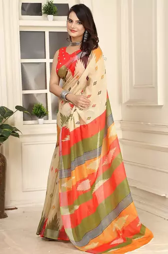 beige printed pure cotton beige saree with blouse