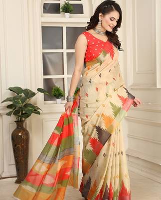 beige printed pure cotton beige saree with blouse 4