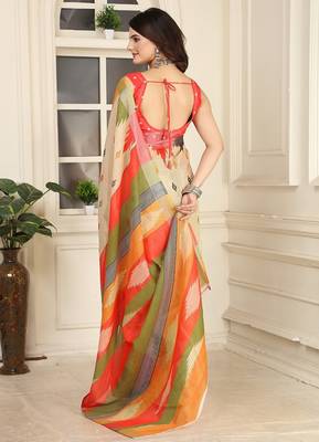 beige printed pure cotton beige saree with blouse 5