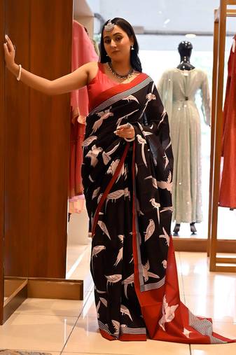 black printed pure cotton black saree with blouse