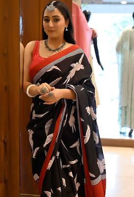 black printed pure cotton black saree with blouse 2
