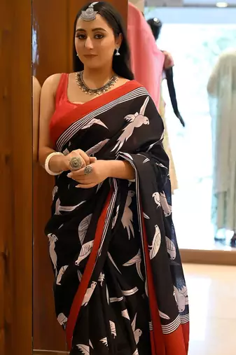 black printed pure cotton black saree with blouse