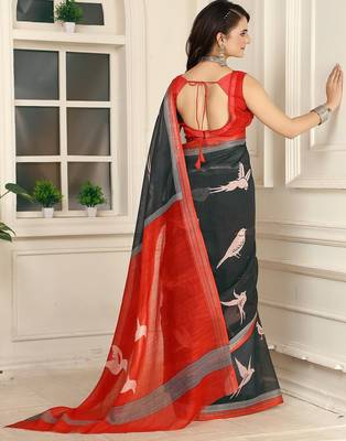 black printed pure cotton black saree with blouse 5