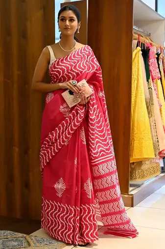red printed pure cotton red saree with blouse