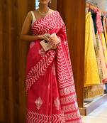 red printed pure cotton red saree with blouse