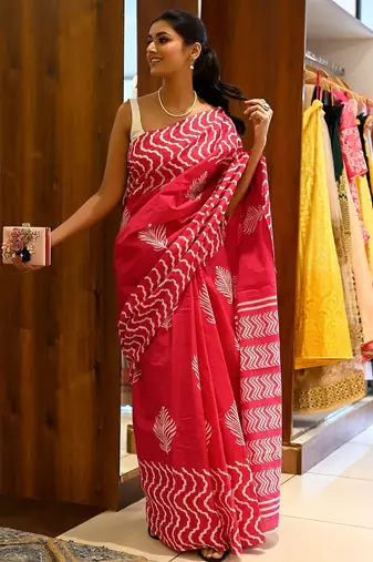 red printed pure cotton red saree with blouse