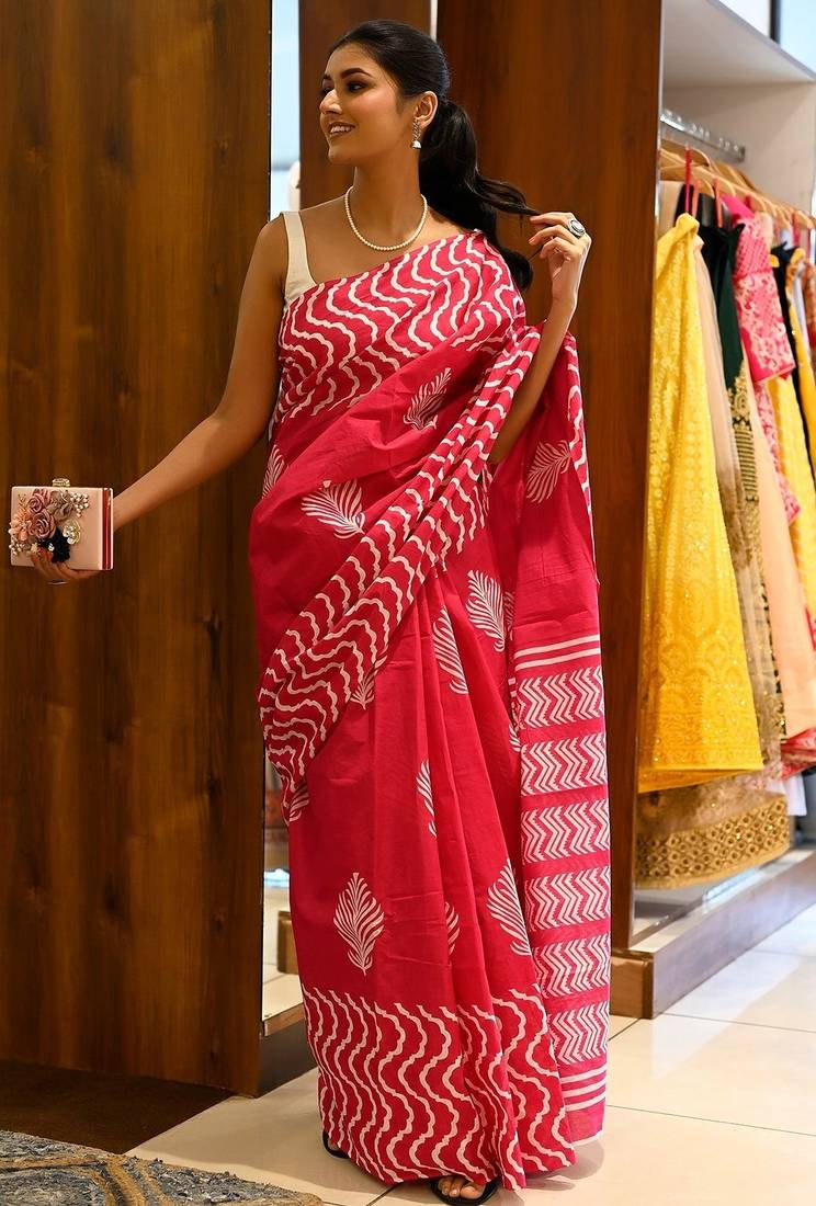 red printed pure cotton red saree with blouse