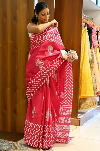 red printed pure cotton red saree with blouse
