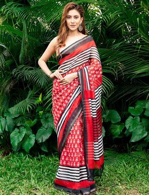 red printed pure cotton red saree with blouse 1