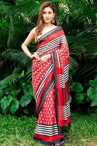 red printed pure cotton red saree with blouse