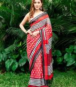 red printed pure cotton red saree with blouse