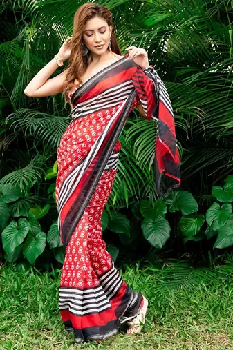 red printed pure cotton red saree with blouse