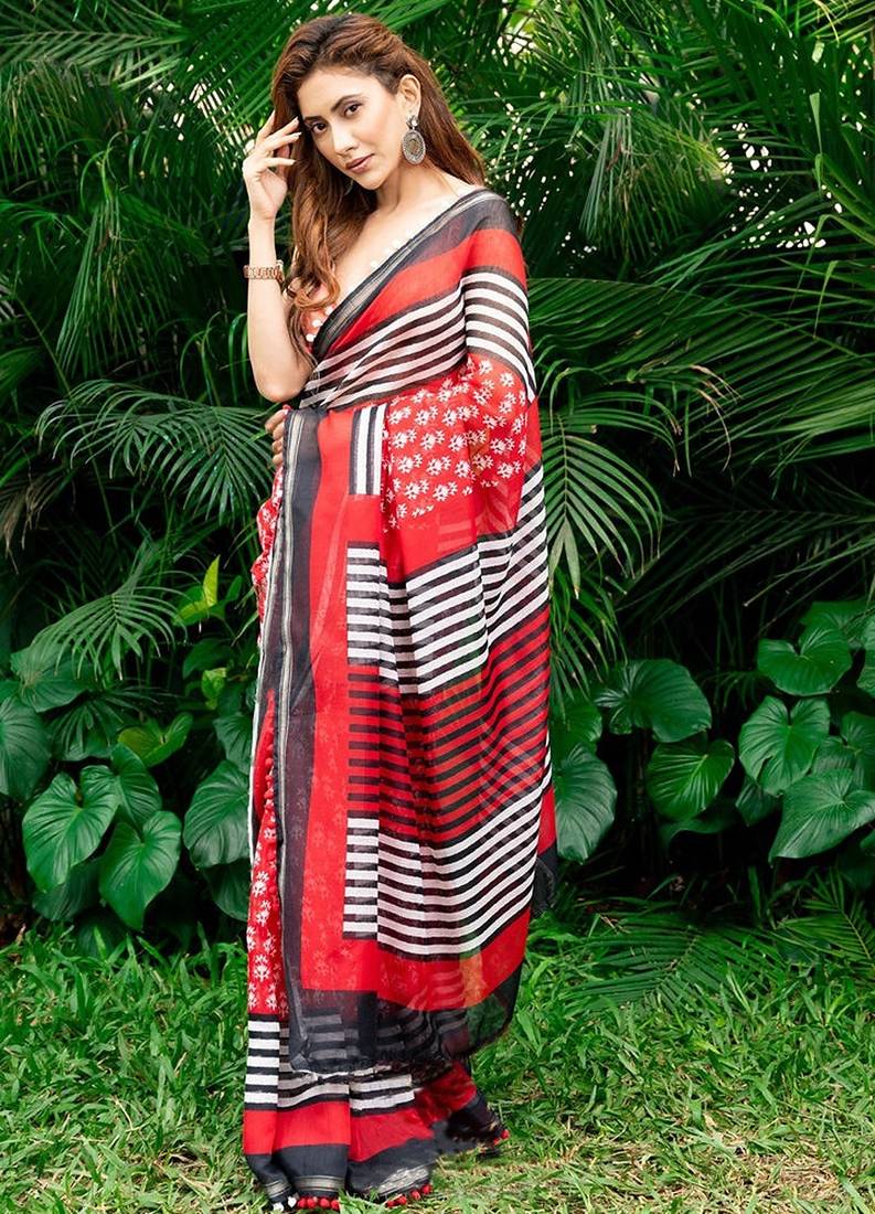 red printed pure cotton red saree with blouse