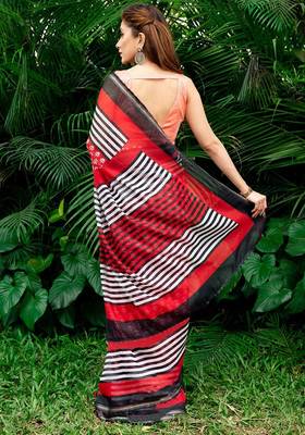 red printed pure cotton red saree with blouse 5